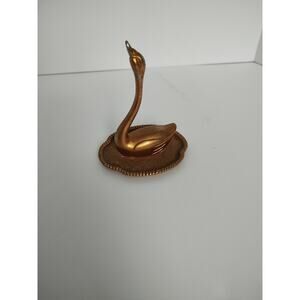 Vintage Brass Plated Swan Ring Jewelry Holder on Floral Etched Tray